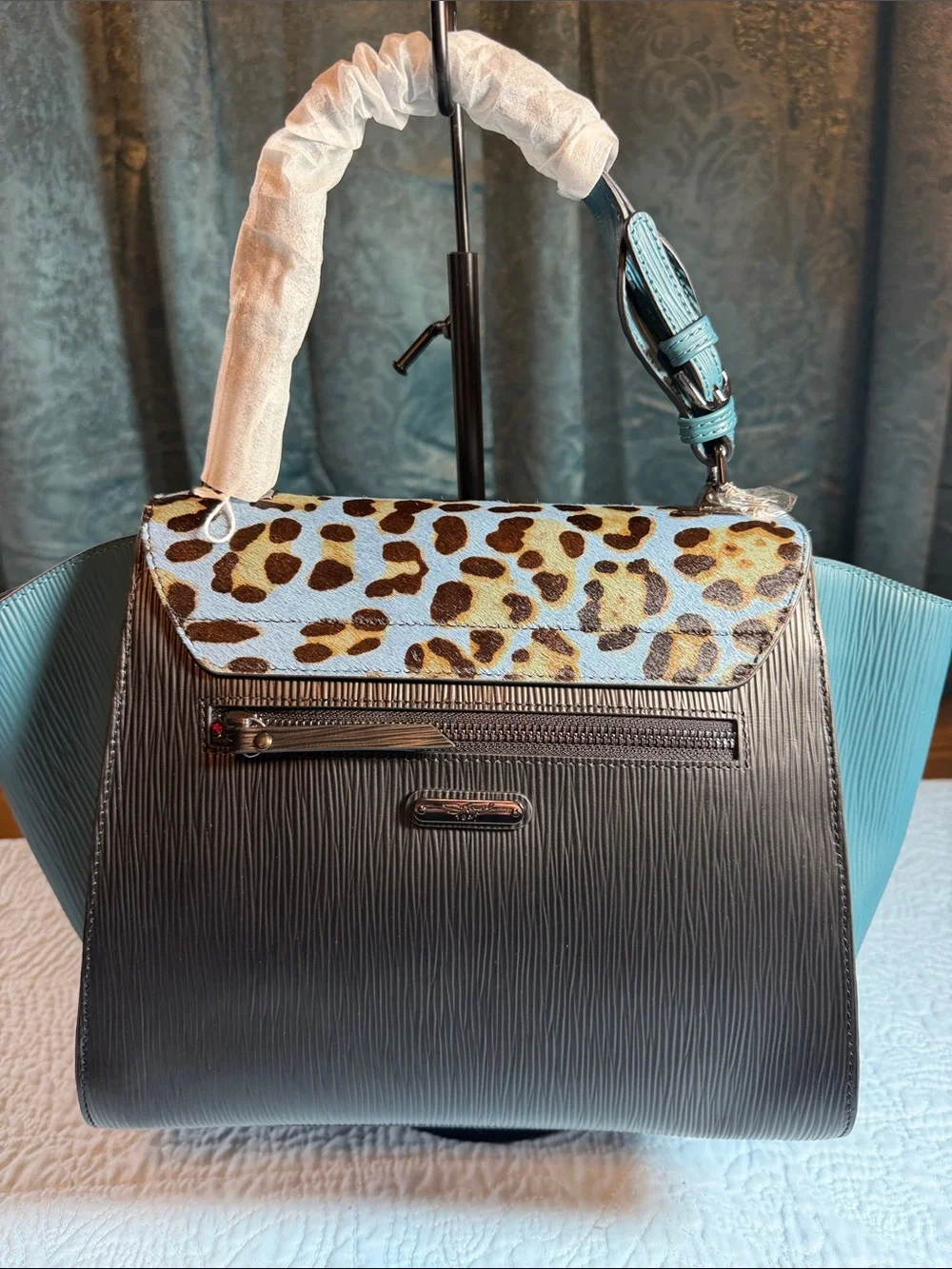 Sharif Blue and Leopard-Calf Hair Print Top-Handle Satchel - Picture 5 of 15